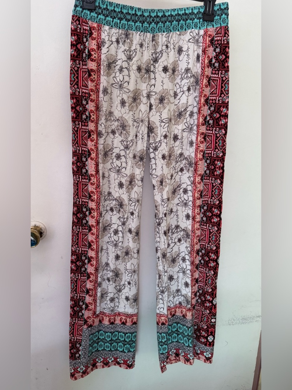 Boho Floral Wide-Leg Pants in Cream, Teal & Red
